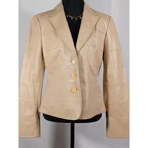 Worth Jacket Womens 6 Beige Leather Single Breasted Fitted Blazer Button Front